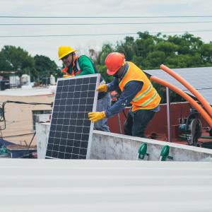 Ouvriers qui démontent un parc photovoltaïque 