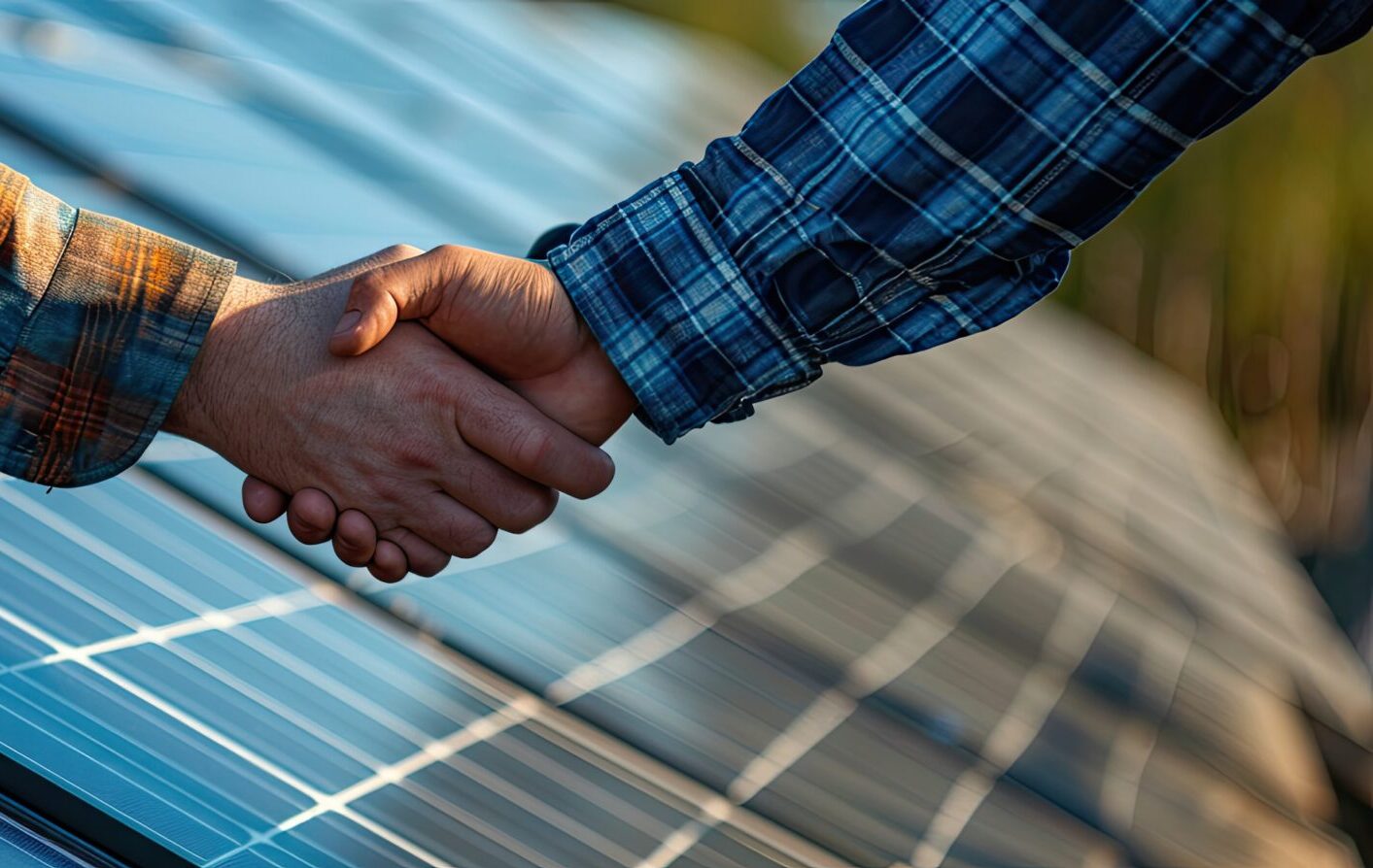 Poignée de main sur panneaux solaires, collaboration énergétique.