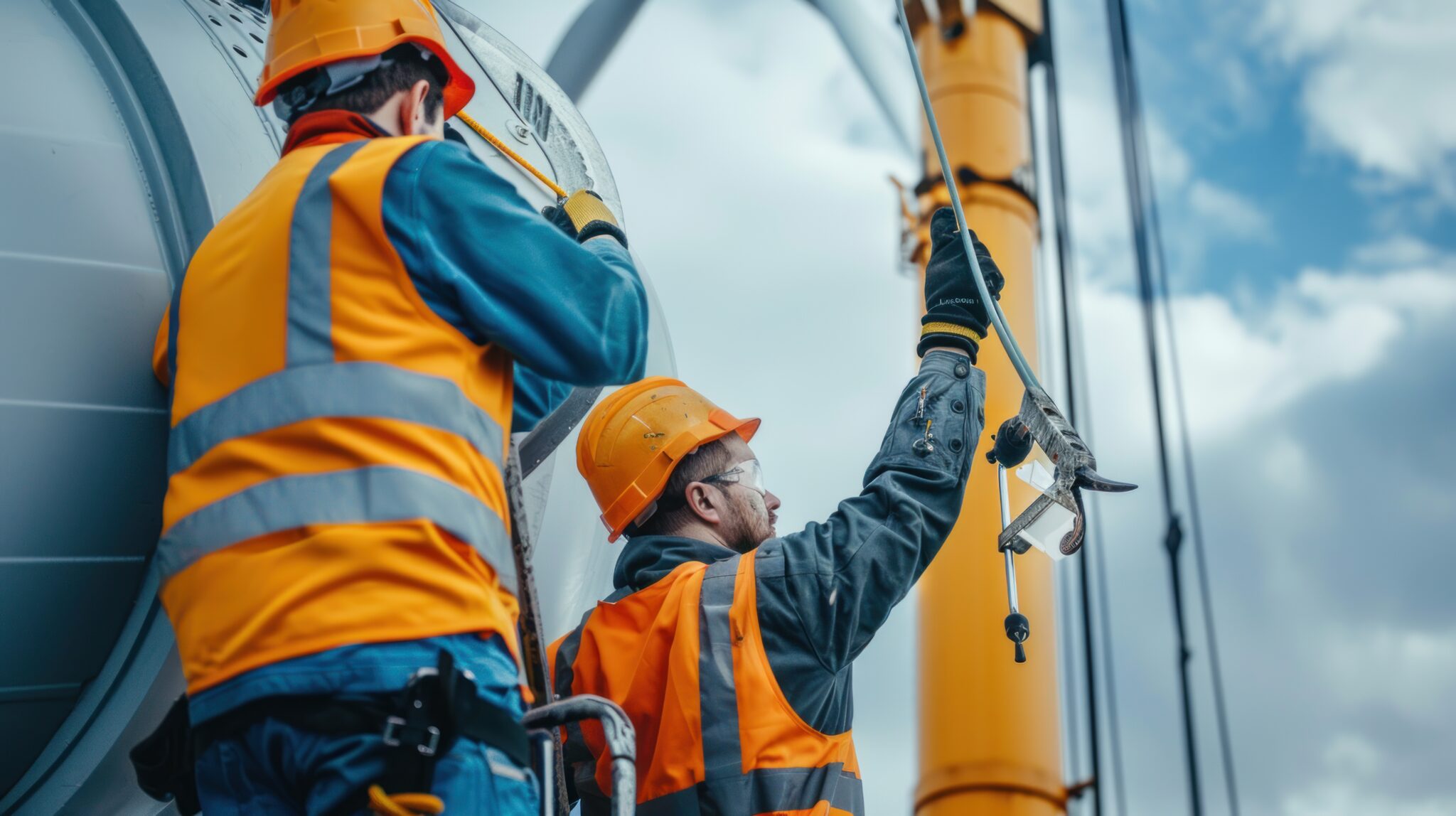Ouvriers en chantier portant des équipements de sécurité.