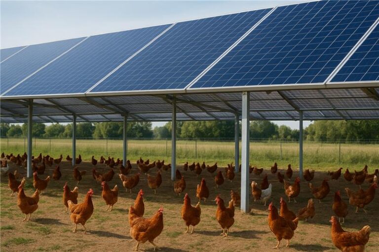 poules qui picorent devant des panneaux solaires